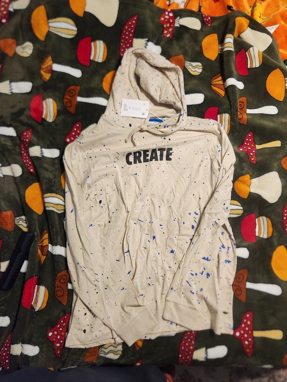 Denim & Flower Beige Hooded Sweater with Blue & Black Splatter